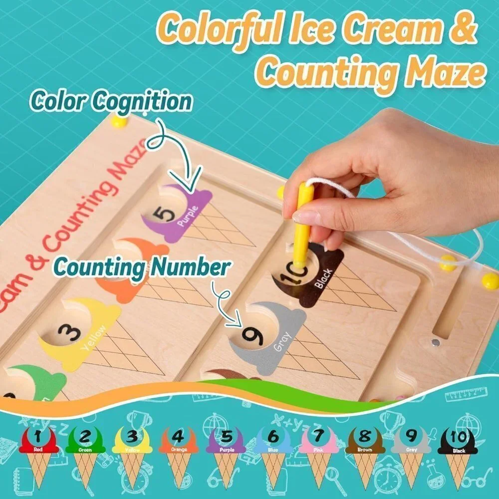 Magnetic Color and Number Maze Wooden Magnets Board Puzzle for Toddlers